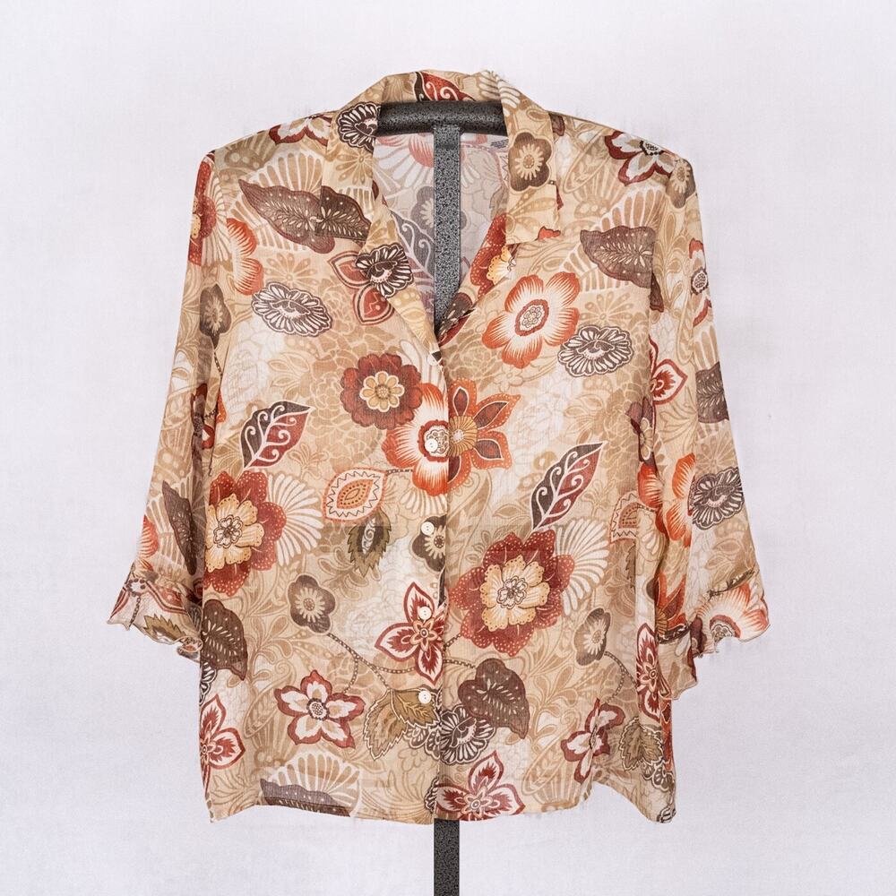 Women's Sheer Floral Blouse Size 16 Ruffle Sleeves Cottage Fairy Botanical Bloom